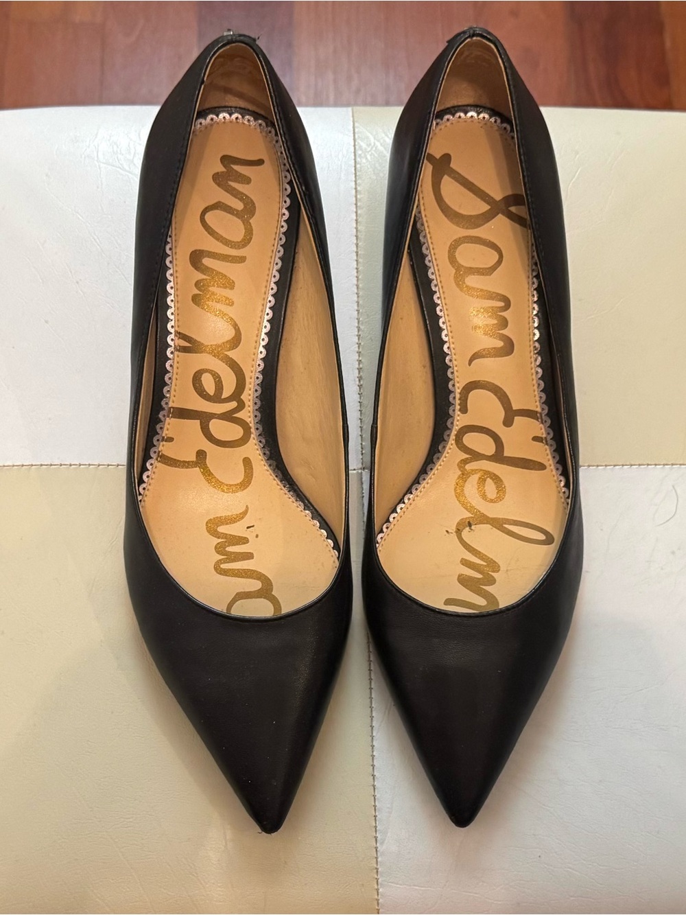 Sam Edelman 100% Leather Black Pointed Toe Pumps - Kitten Heels Size 10